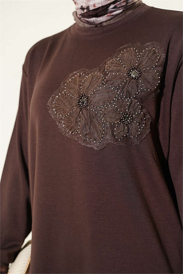 Loisha Tunic in Brown with Rose Accessory at the Front