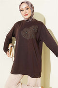 Loisha Tunic in Brown with Rose Accessory at the Front