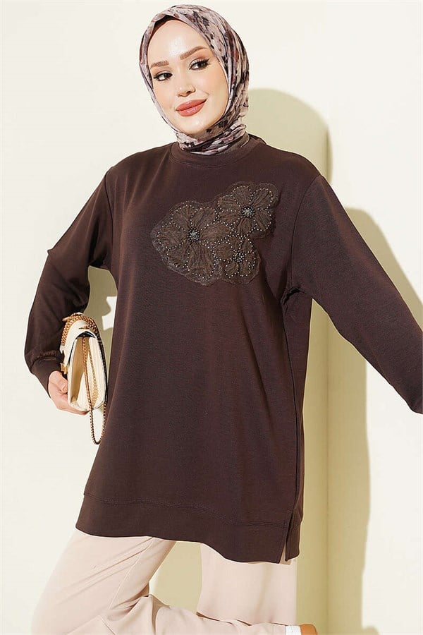 Loisha Tunic in Brown with Rose Accessory at the Front