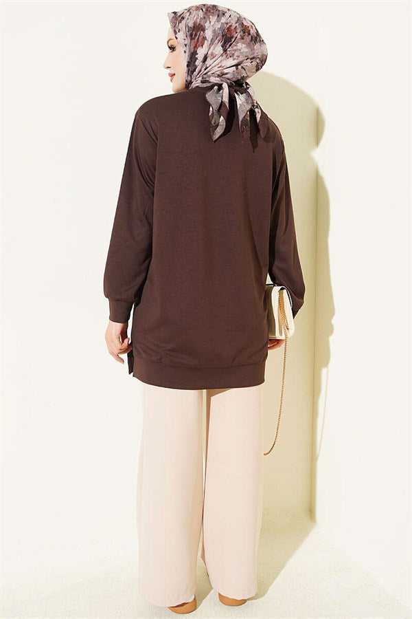 Loisha Tunic in Brown with Rose Accessory at the Front