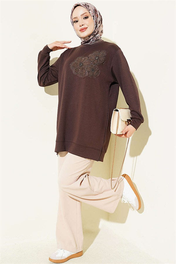 Loisha Tunic in Brown with Rose Accessory at the Front