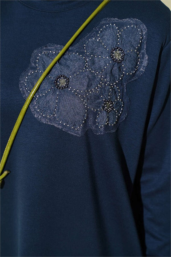Loisha Tunic with Rose Accessory at the Front, Navy Blue