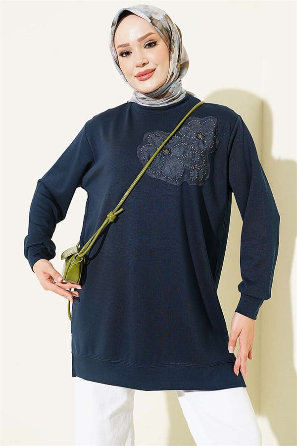Loisha Tunic with Rose Accessory at the Front, Navy Blue