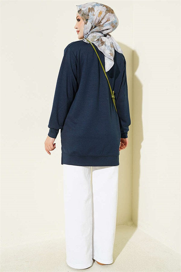 Loisha Tunic with Rose Accessory at the Front, Navy Blue