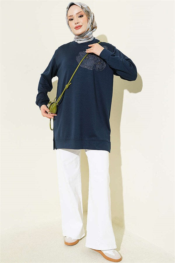 Loisha Tunic with Rose Accessory at the Front, Navy Blue