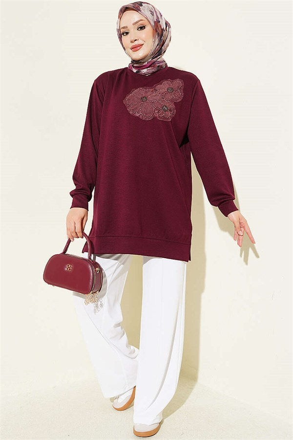 Loisha Tunic with Rose Accessory at the Front, Plum