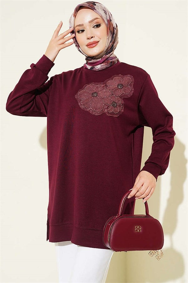 Loisha Tunic with Rose Accessory at the Front, Plum