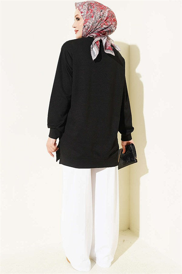 Loisha Tunic with Rose Accessory at the Front, Black