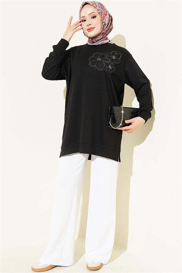 Loisha Tunic with Rose Accessory at the Front, Black