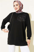 Loisha Tunic with Rose Accessory at the Front, Black