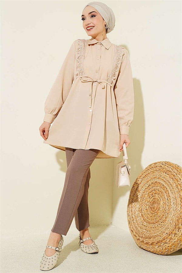 Lace-up Shirt with Guipure Detail at the Front, Beige