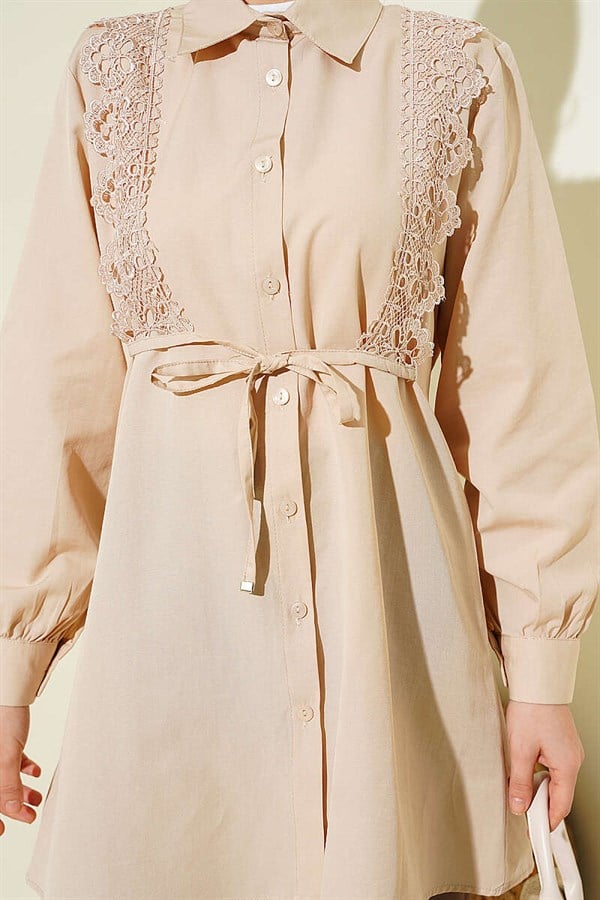 Lace-up Shirt with Guipure Detail at the Front, Beige