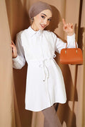 White Lace-Up Shirt with Guipure Detail at the Front