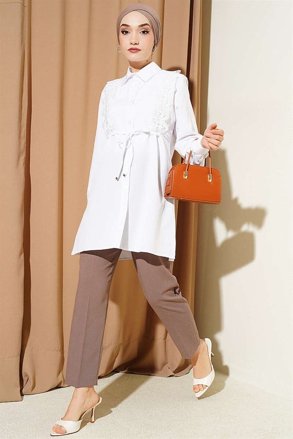 White Lace-Up Shirt with Guipure Detail at the Front