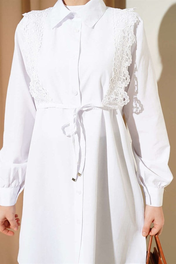 White Lace-Up Shirt with Guipure Detail at the Front