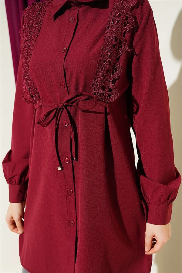 Burgundy Lace-Up Shirt with Guipure Detail at the Front