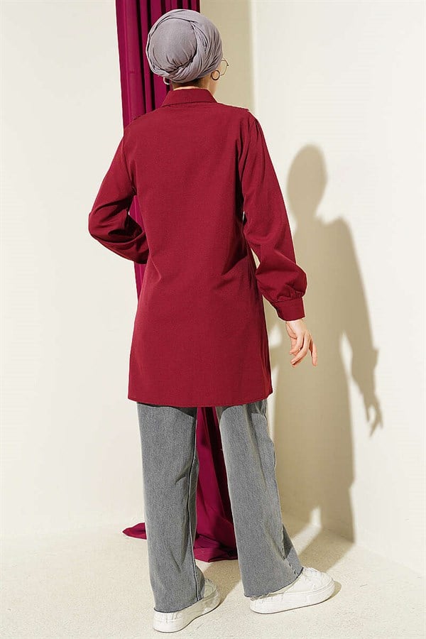 Burgundy Lace-Up Shirt with Guipure Detail at the Front