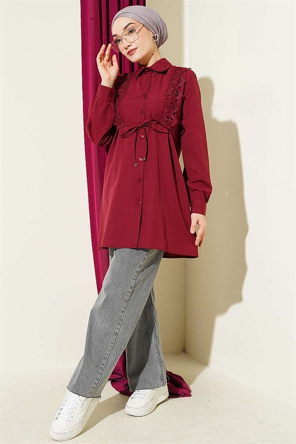 Burgundy Lace-Up Shirt with Guipure Detail at the Front