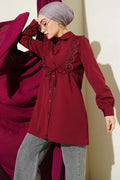 Burgundy Lace-Up Shirt with Guipure Detail at the Front