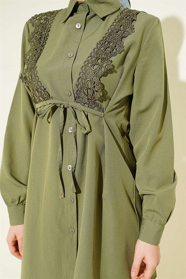 Lace-up Shirt with Guipure Detail at the Front, Khaki