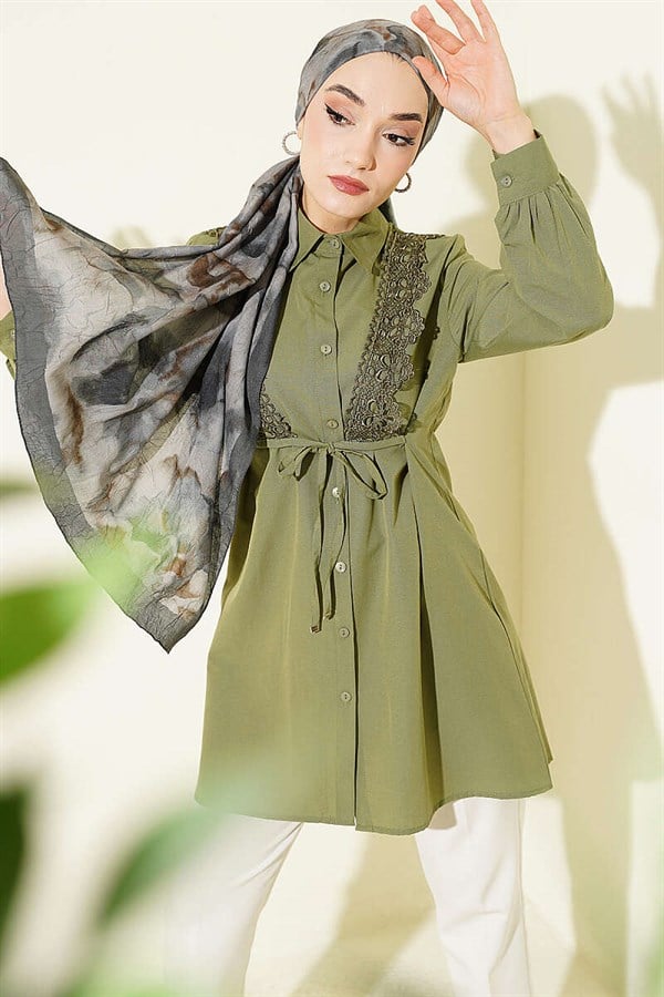 Lace-up Shirt with Guipure Detail at the Front, Khaki