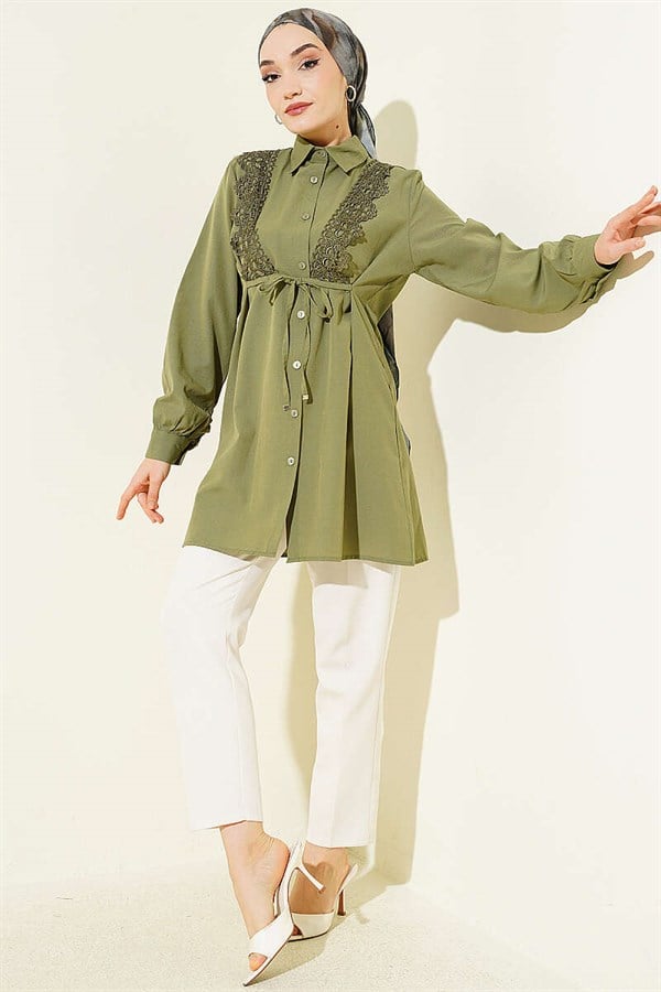 Lace-up Shirt with Guipure Detail at the Front, Khaki