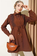 Lace-up Shirt with Guipure Detail at the Front, Brown