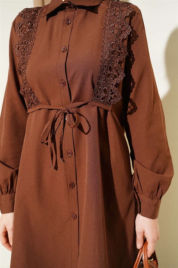Lace-up Shirt with Guipure Detail at the Front, Brown