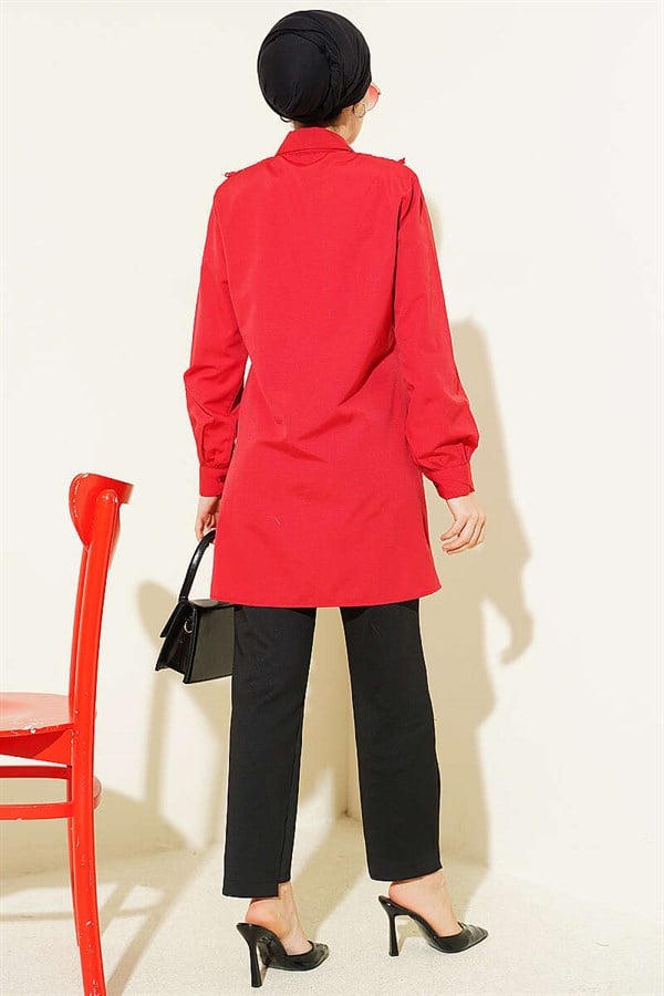 Red Lace-Up Shirt with Guipure Detail at the Front