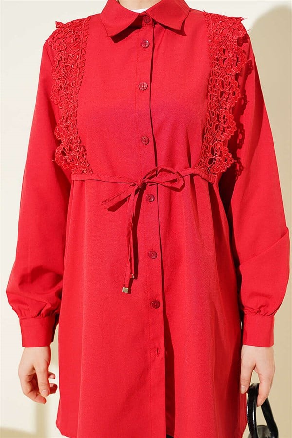 Red Lace-Up Shirt with Guipure Detail at the Front