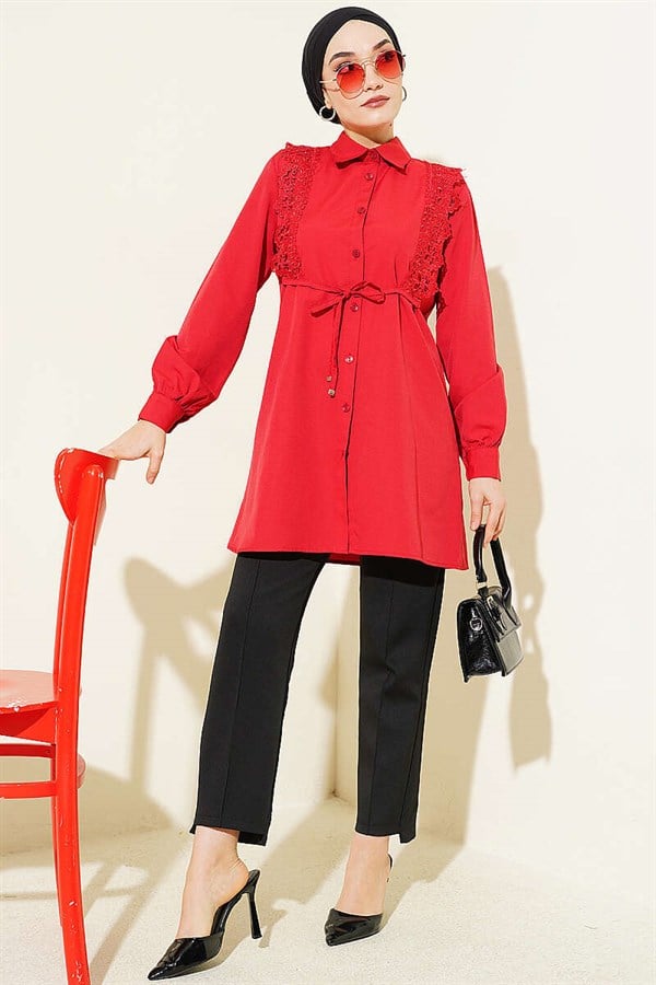 Red Lace-Up Shirt with Guipure Detail at the Front
