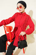 Red Lace-Up Shirt with Guipure Detail at the Front