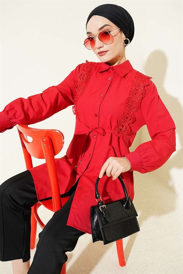 Red Lace-Up Shirt with Guipure Detail at the Front
