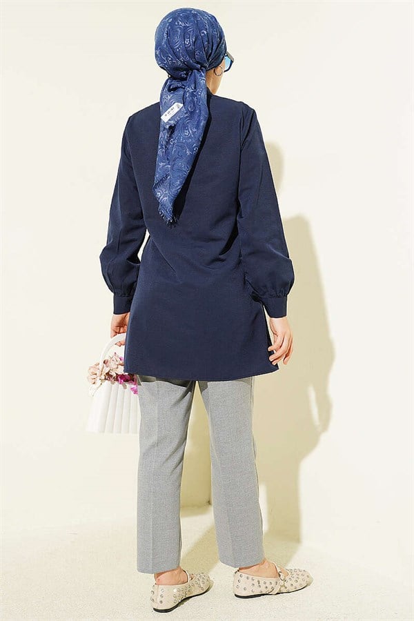 Navy Blue Lace-Up Shirt with Guipure Detail at the Front