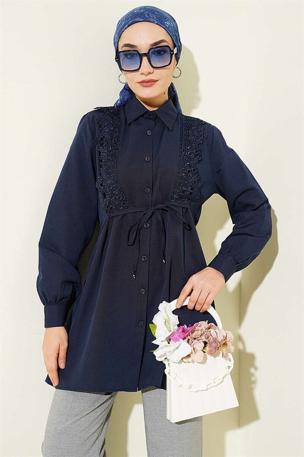 Navy Blue Lace-Up Shirt with Guipure Detail at the Front
