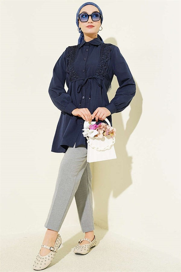 Navy Blue Lace-Up Shirt with Guipure Detail at the Front