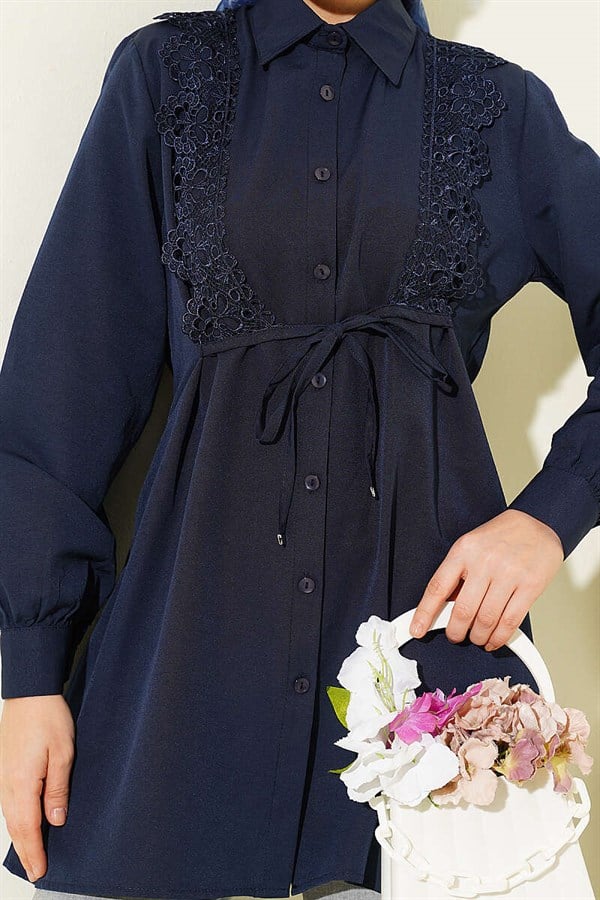 Navy Blue Lace-Up Shirt with Guipure Detail at the Front