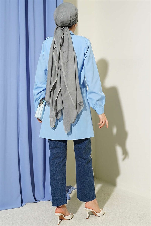 Lace-up Shirt with Guipure Detail at the Front, Blue