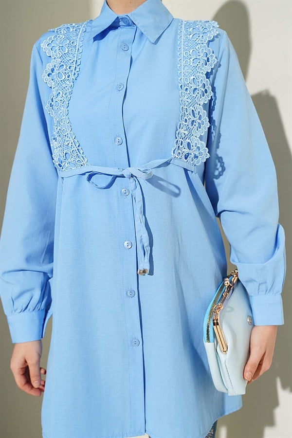Lace-up Shirt with Guipure Detail at the Front, Blue