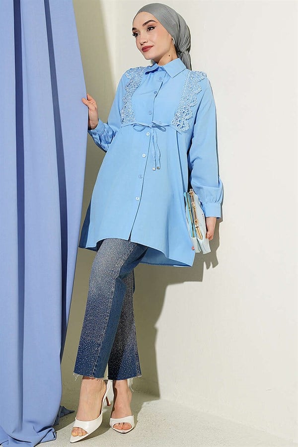 Lace-up Shirt with Guipure Detail at the Front, Blue