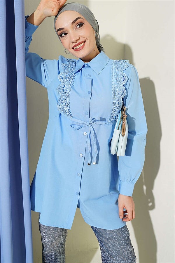 Lace-up Shirt with Guipure Detail at the Front, Blue