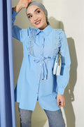 Lace-up Shirt with Guipure Detail at the Front, Blue