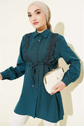 Lace-up Shirt with Guipure Detail at the Front, Petrol.