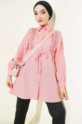 Lace-up Shirt with Guipure Detail at the Front, Powder Pink