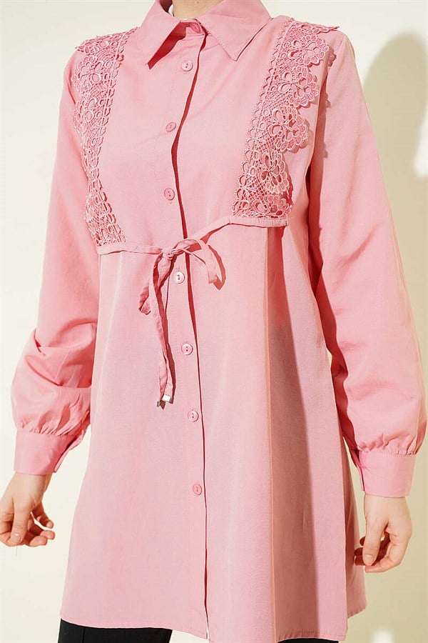 Lace-up Shirt with Guipure Detail at the Front, Powder Pink