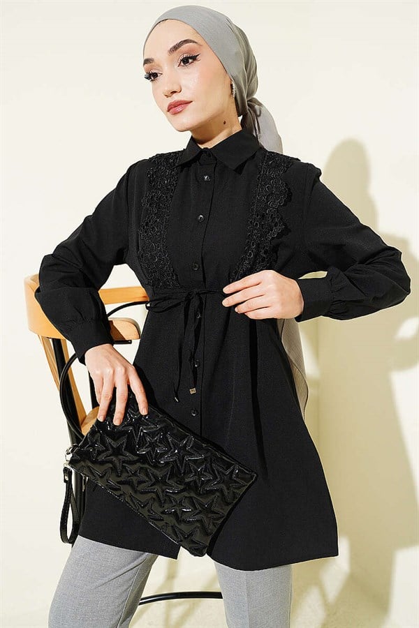 Black Lace-Up Shirt with Guipure Detail at the Front