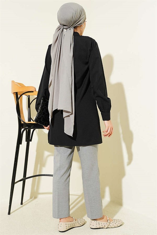 Black Lace-Up Shirt with Guipure Detail at the Front