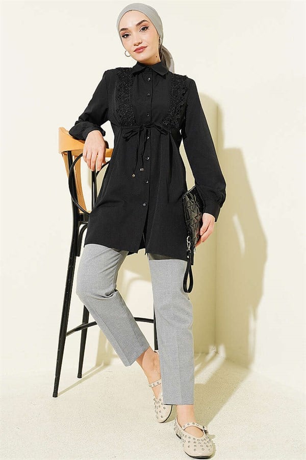 Black Lace-Up Shirt with Guipure Detail at the Front