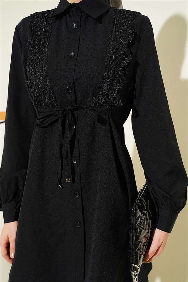 Black Lace-Up Shirt with Guipure Detail at the Front