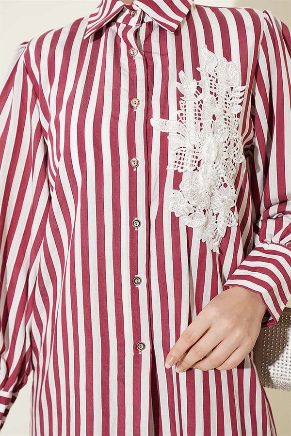 Striped Shirt with Lace Front, Burgundy